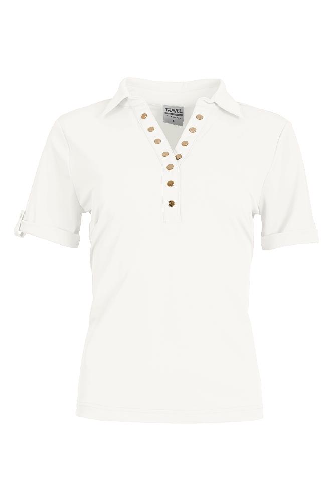'De Polar' heeft een klassieke polo uitstraling met een V hals en mooie gouden knopen als detail. Hij is verkrijgbaar in de kleuren kobalt, zwart en wit. 