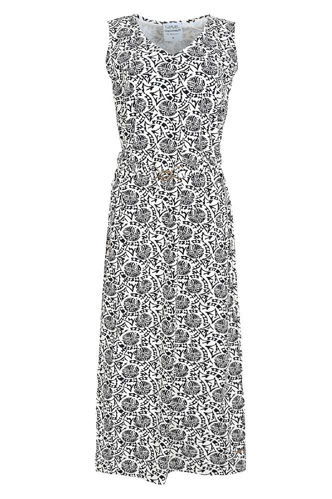 De Jamie jurk is een Mouwloze lange jurk met een leuke zwart-wit print. Ook heeft de jurk een riem met een gouden gesp.