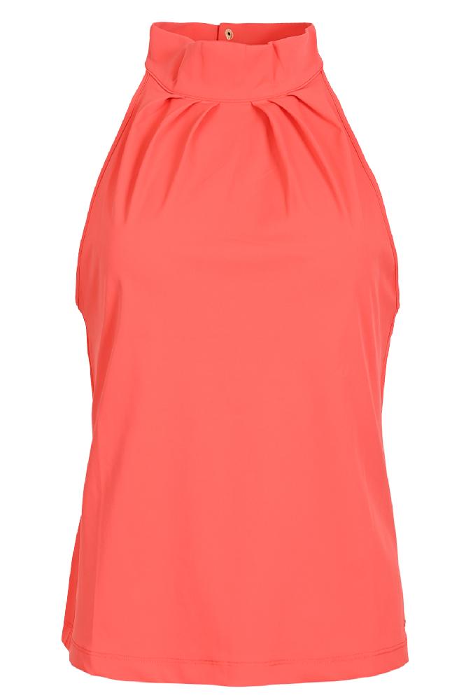 Deze mooie, mouwloze haltertop met een hoge, geplooide hals heet 'Lanik' en heeft een heerlijke fit. Hij is verkrijgbaar in de kleuren rood en kobalt. 